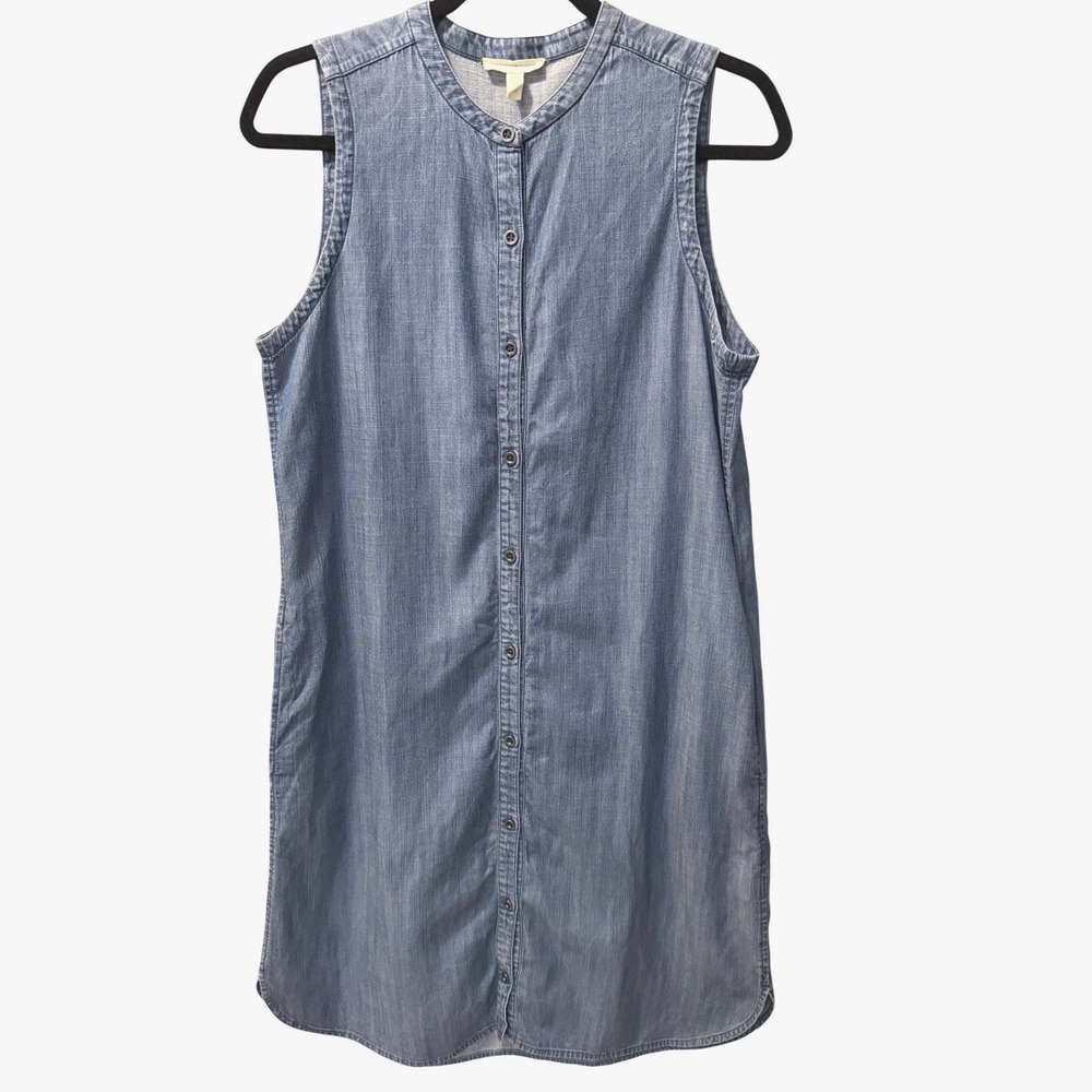 Eileen Fisher Chambray Denim Sleeveless Button Down Midi Dress Pockets Tencel SP